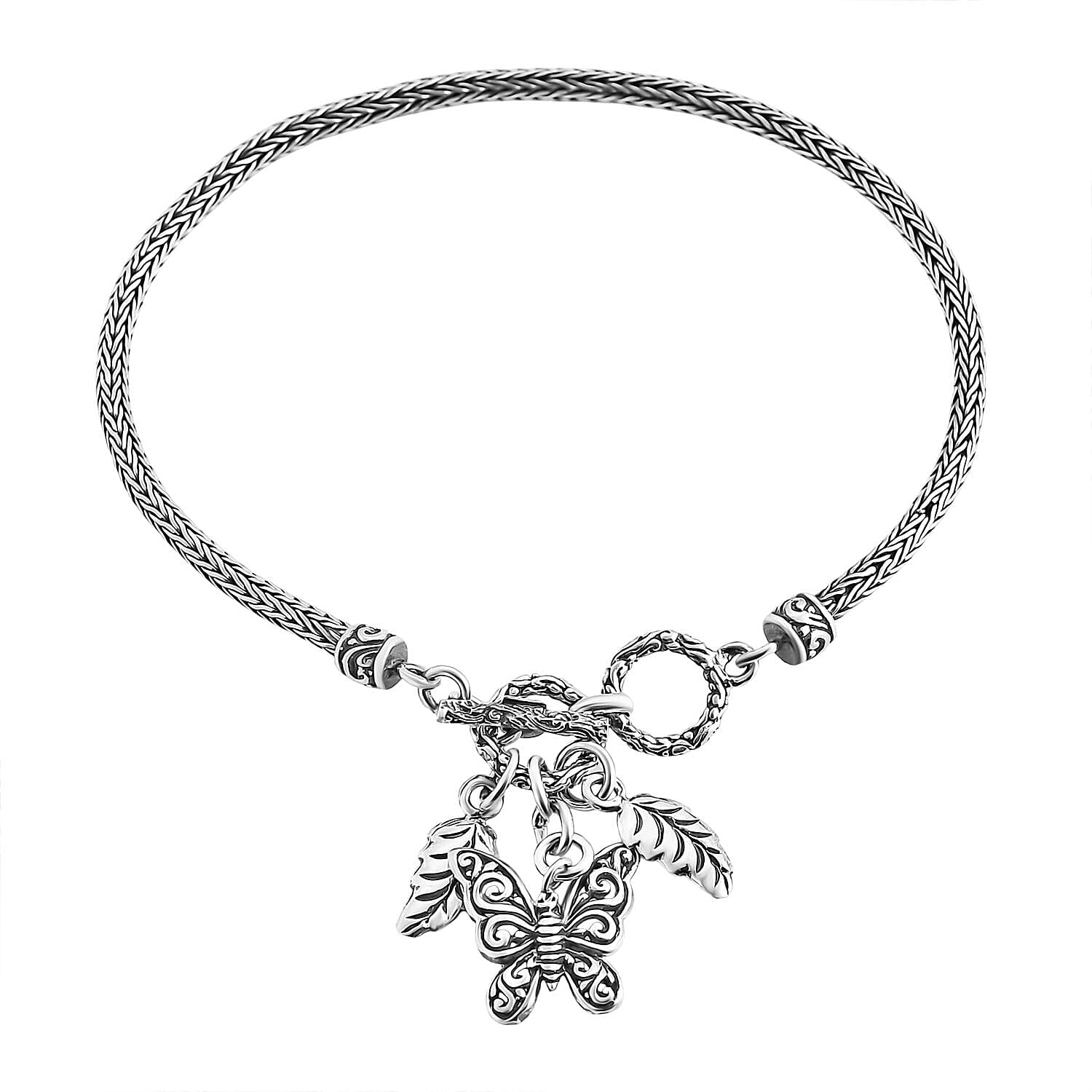 Bali Legacy Leaf and Butterfly Charm Bracelet in Sterling Silver (8.00 In) 10 Grams