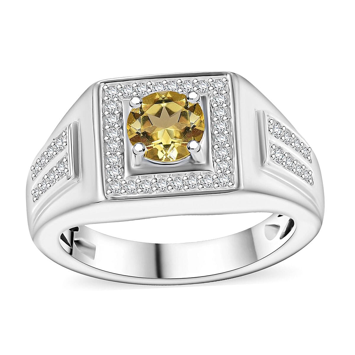 Brazilian Heliodor, Moissanite Men's Ring in Rhodium Over Sterling Silver (Size 10.0) 1.25 ctw