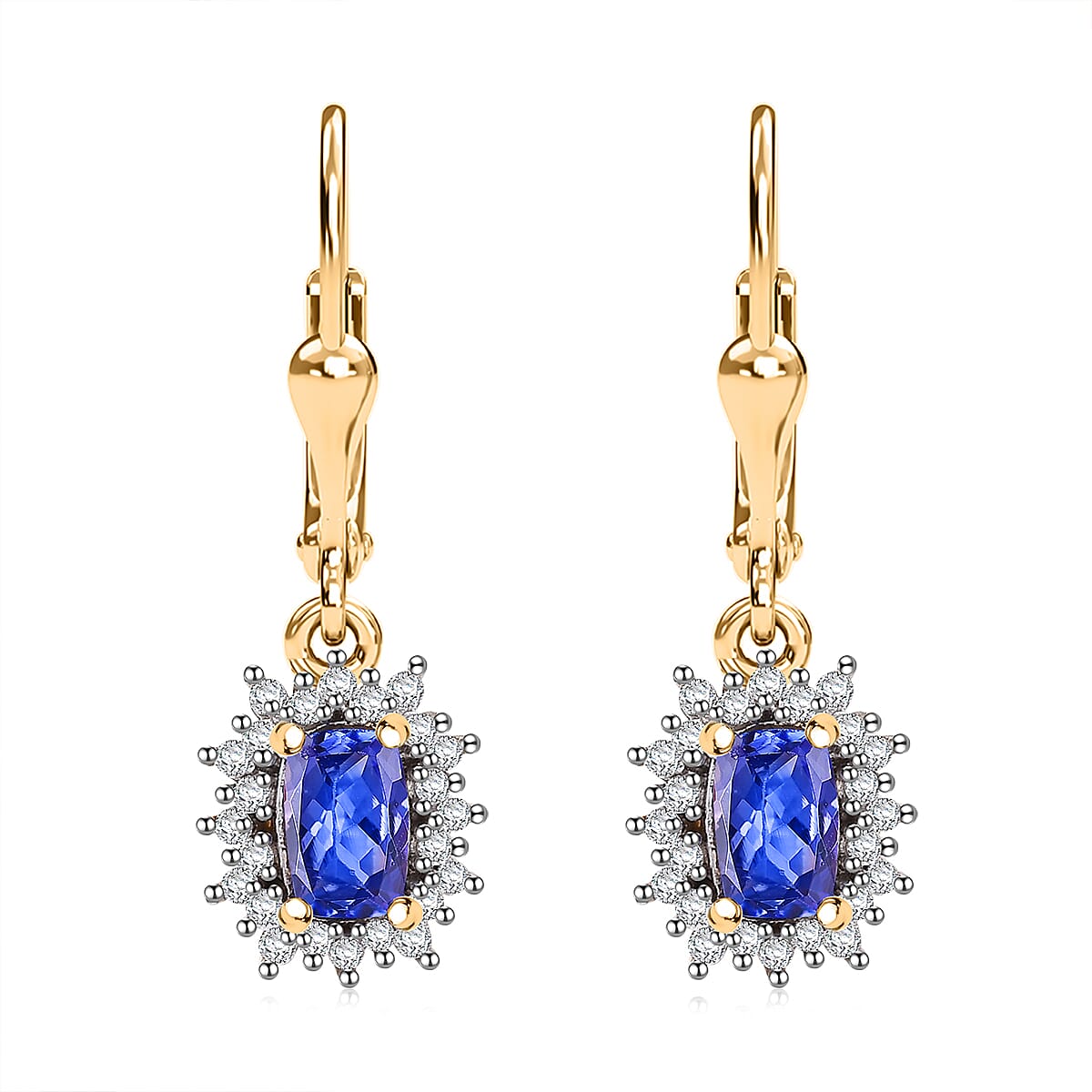 TLV Tanzanite, White Zircon Lever Back Earrings in 18K Vermeil YG Over Sterling Silver 1.50 ctw