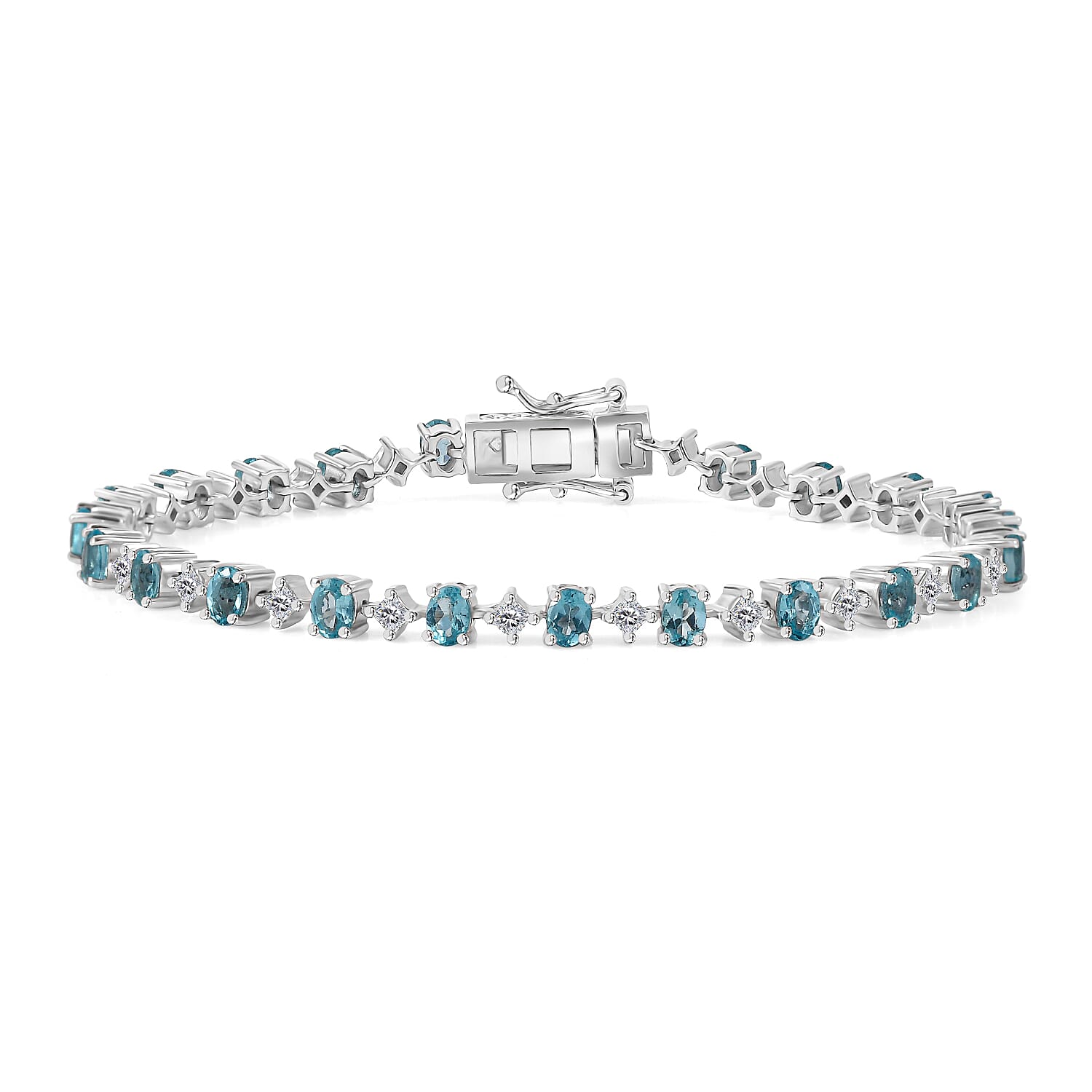 Premium Betroka Blue Apatite, Moissanite Bracelet in Rhodium Over Sterling Silver (6.50 In) 5.00 ctw