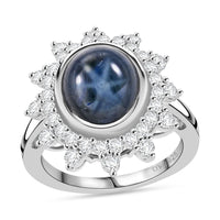 Blue Star Sapphire (DF) and Moissanite 6.80 ctw Ring in Rhodium Over Sterling Silver (Size 10.0)