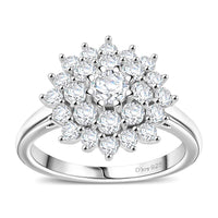 Moissanite (Rnd 8mm) Flower Ring in Rhodium Over Sterling Silver (Size 10.0) 1.20 ctw