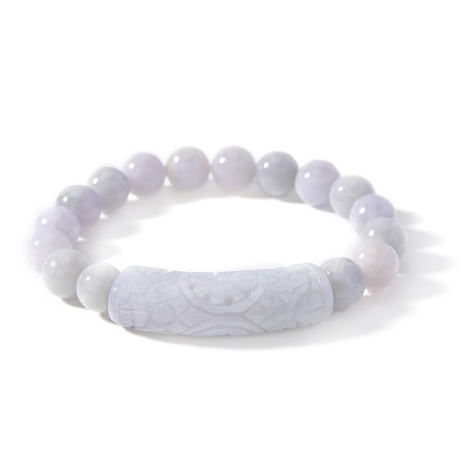 Natural Jade 200.00 ctw Beaded with Carved Bar Stretch Bracelet