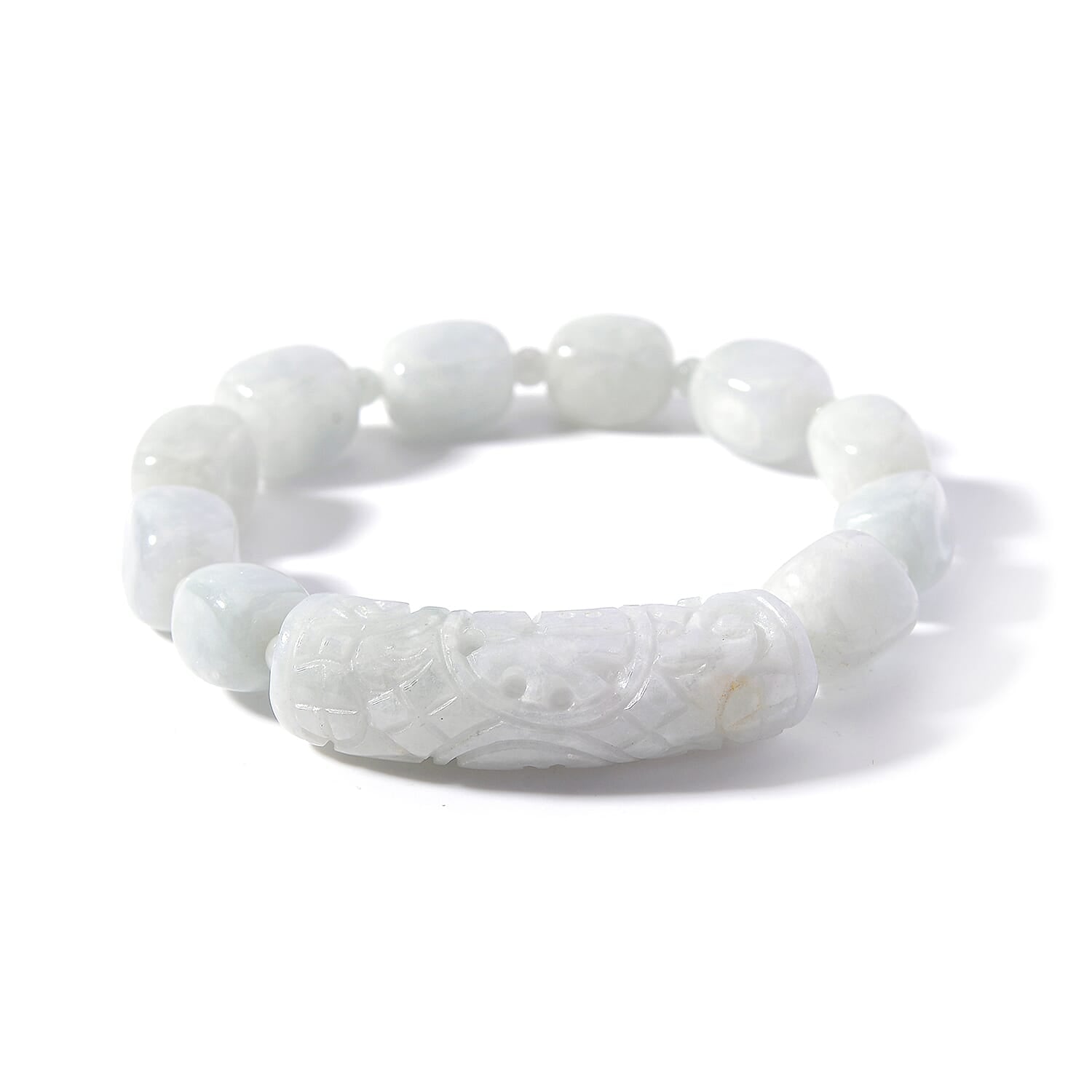 Natural Jade 200.00 ctw Beaded with Carved Bar Stretch Bracelet