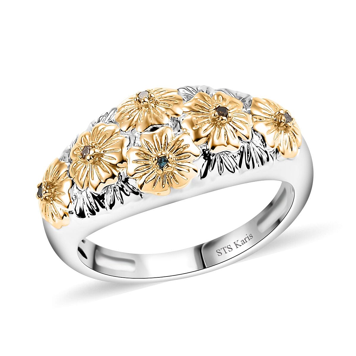 Karis Multi Diamond (IR & Natural) Accent Floral Ring in 18K YG Plated and Platinum Bond (Size 10.0)