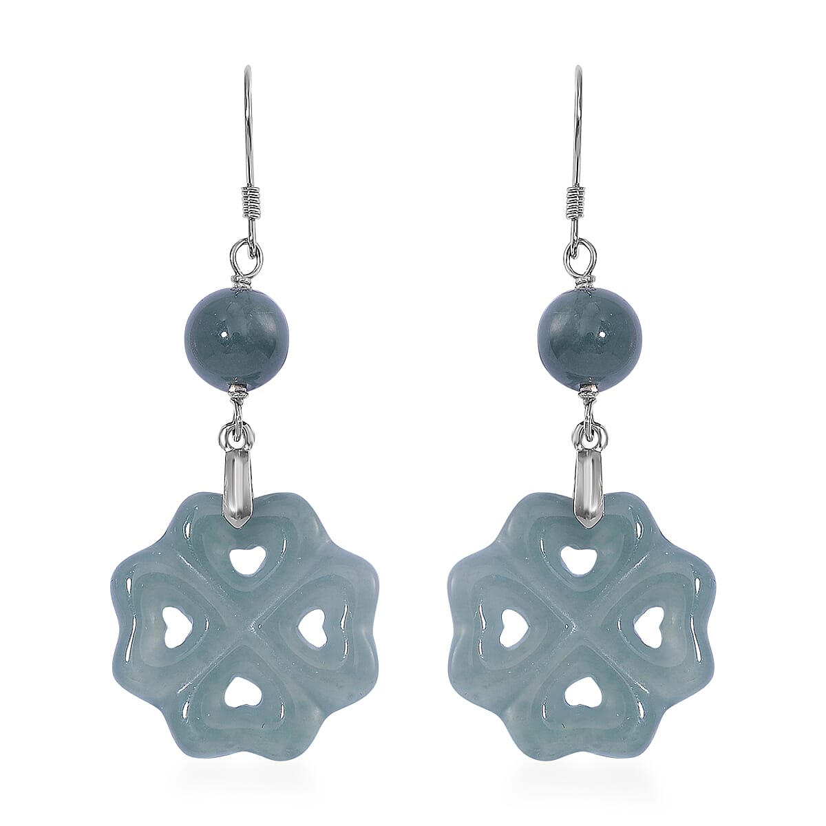 Natural Olmec Jadeite 30.00 ctw Carved Heart Earrings in Rhodium Over Sterling Silver