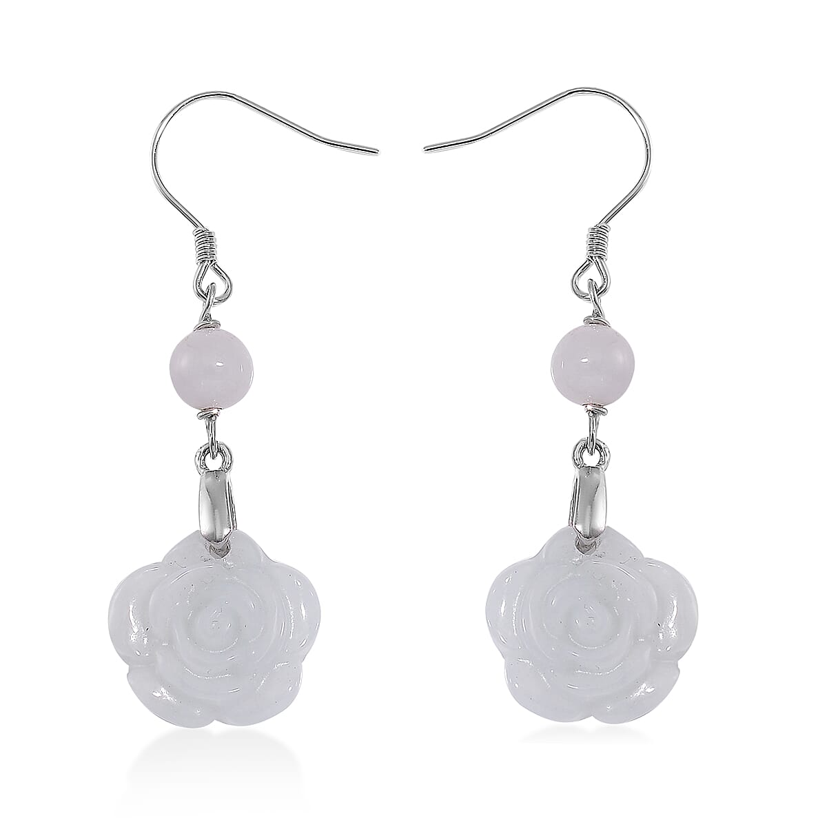 Natural Jade 50.00 ctw Rose Carved Earrings in Rhodium Over Sterling Silver