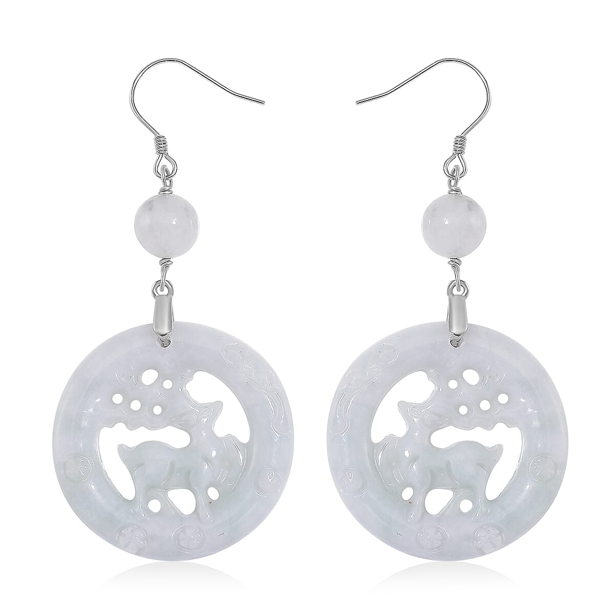 Natural Jade 50.00 ctw Reindeer Carved Earrings in Rhodium Over Sterling Silver