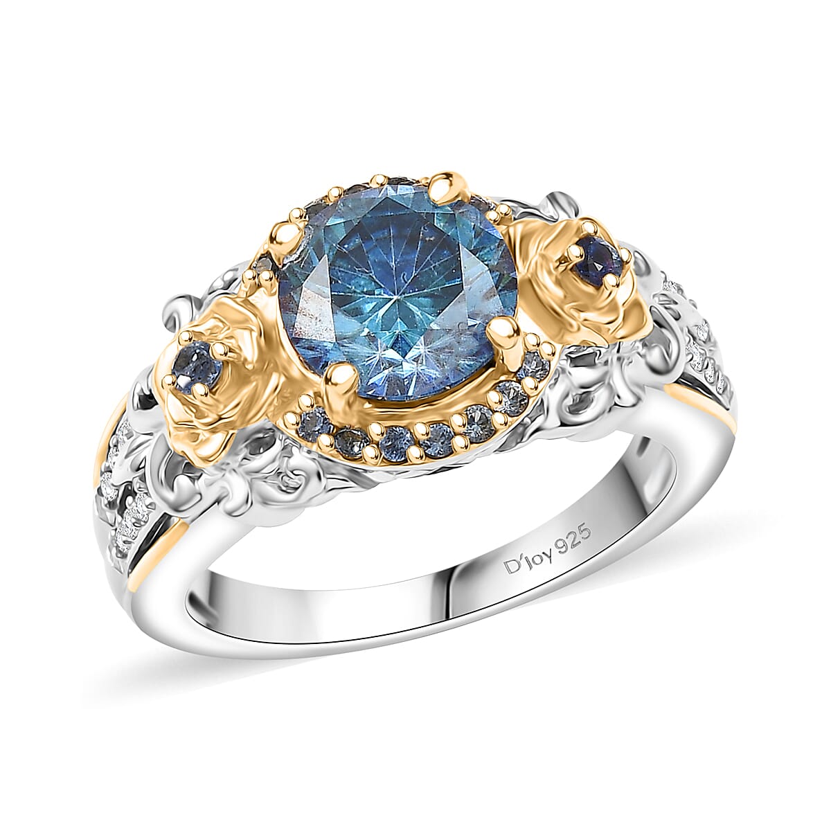 TLV Blue Moissanite (Rnd 8mm), Blue Sapphire and Moissanite Ring in 18K Vermeil YG and Rhodium Over Sterling Silver (Size 10.0) 2.20 ctw
