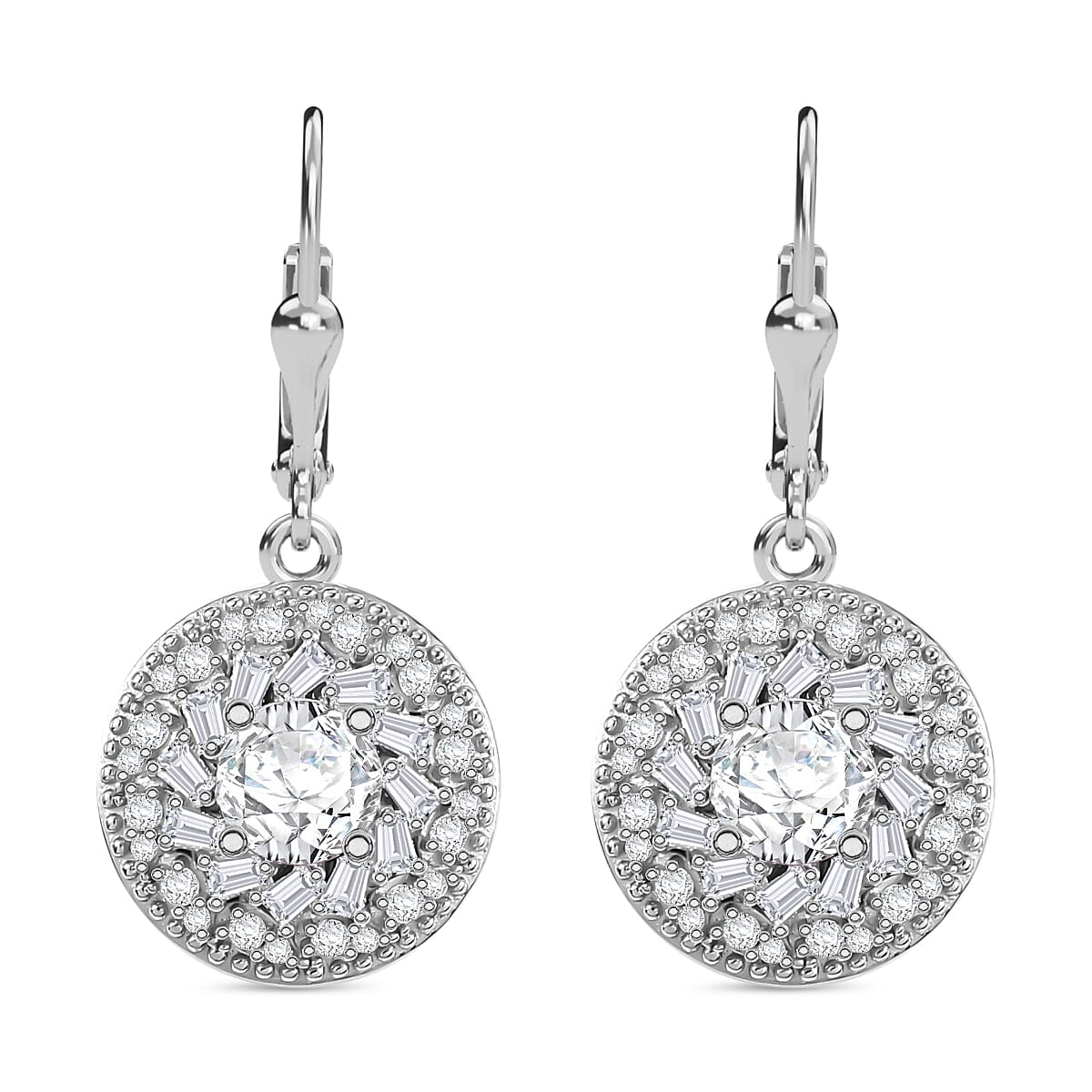 TLV Pink Moissanite (Rnd 6mm), White Moissanite Lever Back Earrings in Rhodium Over Sterling Silver 2.60 ctw