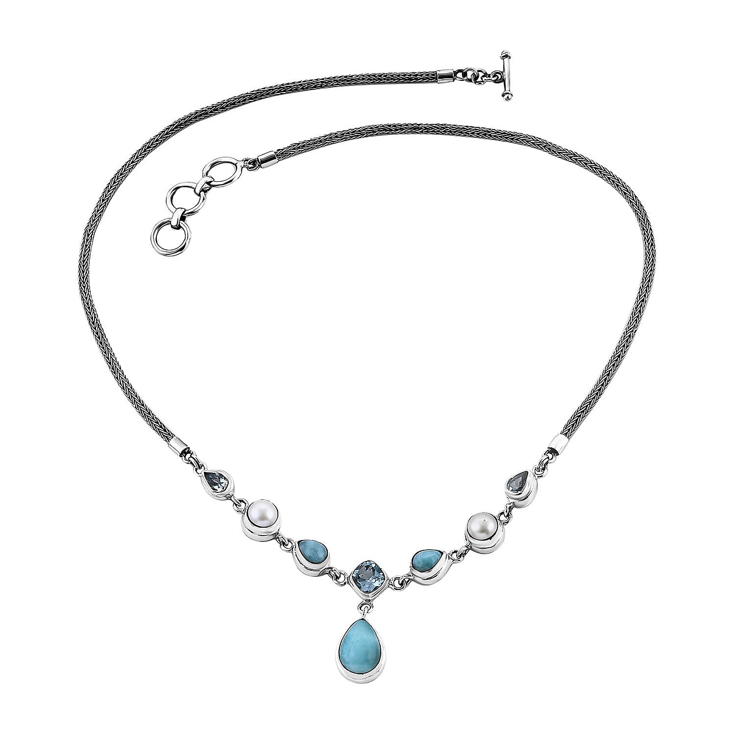 Natural Green Larimar ,  Blue Apatite ,  Mabe Pearl  Necklace (Size - 20)  Sterling Silver 11.76 ctw ,  Silver Wt. 29 g