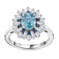 Premium Cambodian Blue Zircon and Multi Gemstone 2.65 ctw Floral Ring in Rhodium Over Sterling Silver (Size 10.0) - Sticky add to cart bar