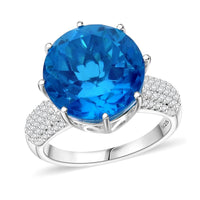 Caribbean Quartz, White Zircon Ring in Rhodium Sterling Silver (Size 10.0) 12.40 ctw