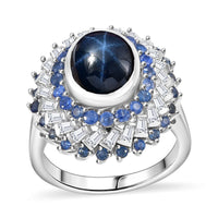 Premium Blue Star Sapphire (DF), Multi Gemstone Floral Ring in Rhodium Over Sterling Silver (Size 10.0) 5.75 ctw