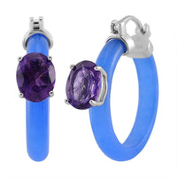 African Amethyst, Blue Jade Hoop Earrings in Rhodium Over Sterling Silver 22.25 ctw