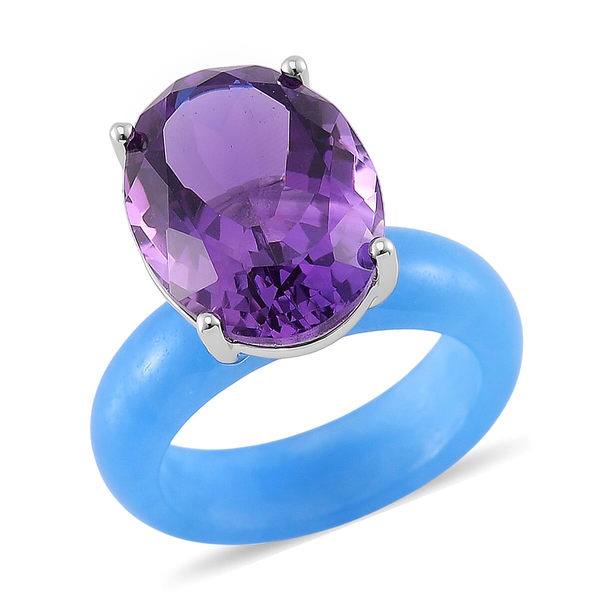 African Amethyst, Blue Jade Band Ring in Rhodium Over Sterling Silver (Size 10.0) 24.40 ctw