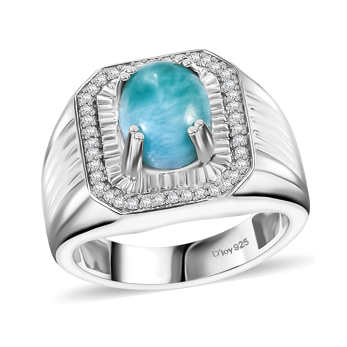 Natural Green Larimar, White Zircon Men's Ring in Rhodium Over Sterling Silver (Size 10.0) 3.65 ctw