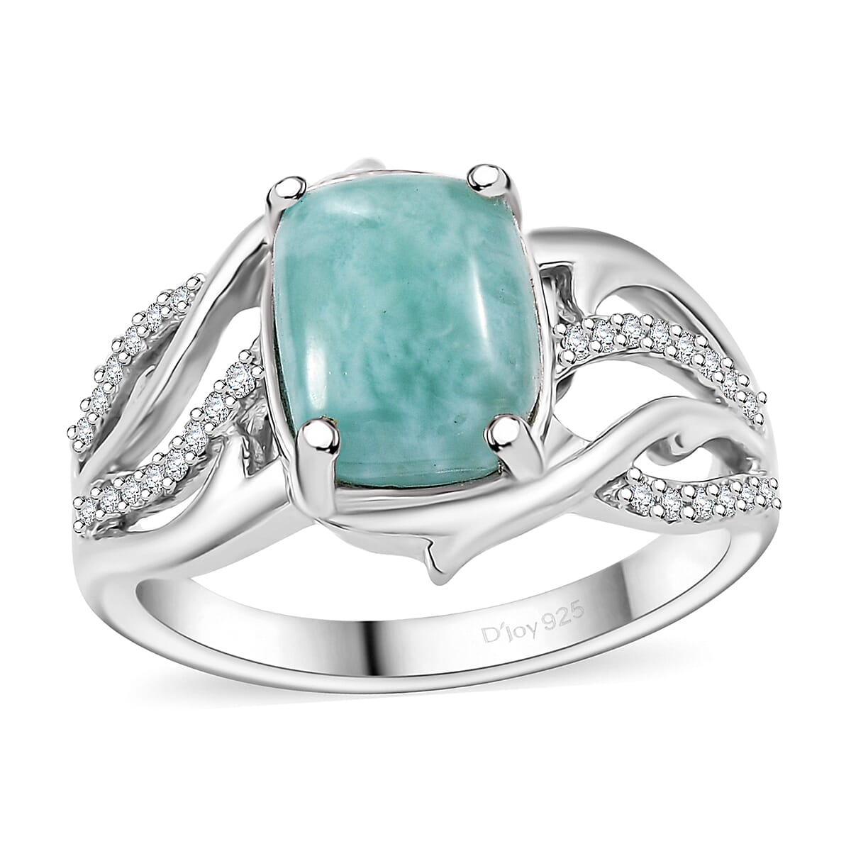 Natural Green Larimar, White Zircon Ocean Wave Ring in Rhodium Over Sterling Silver (Size 10.0) 3.65 ctw