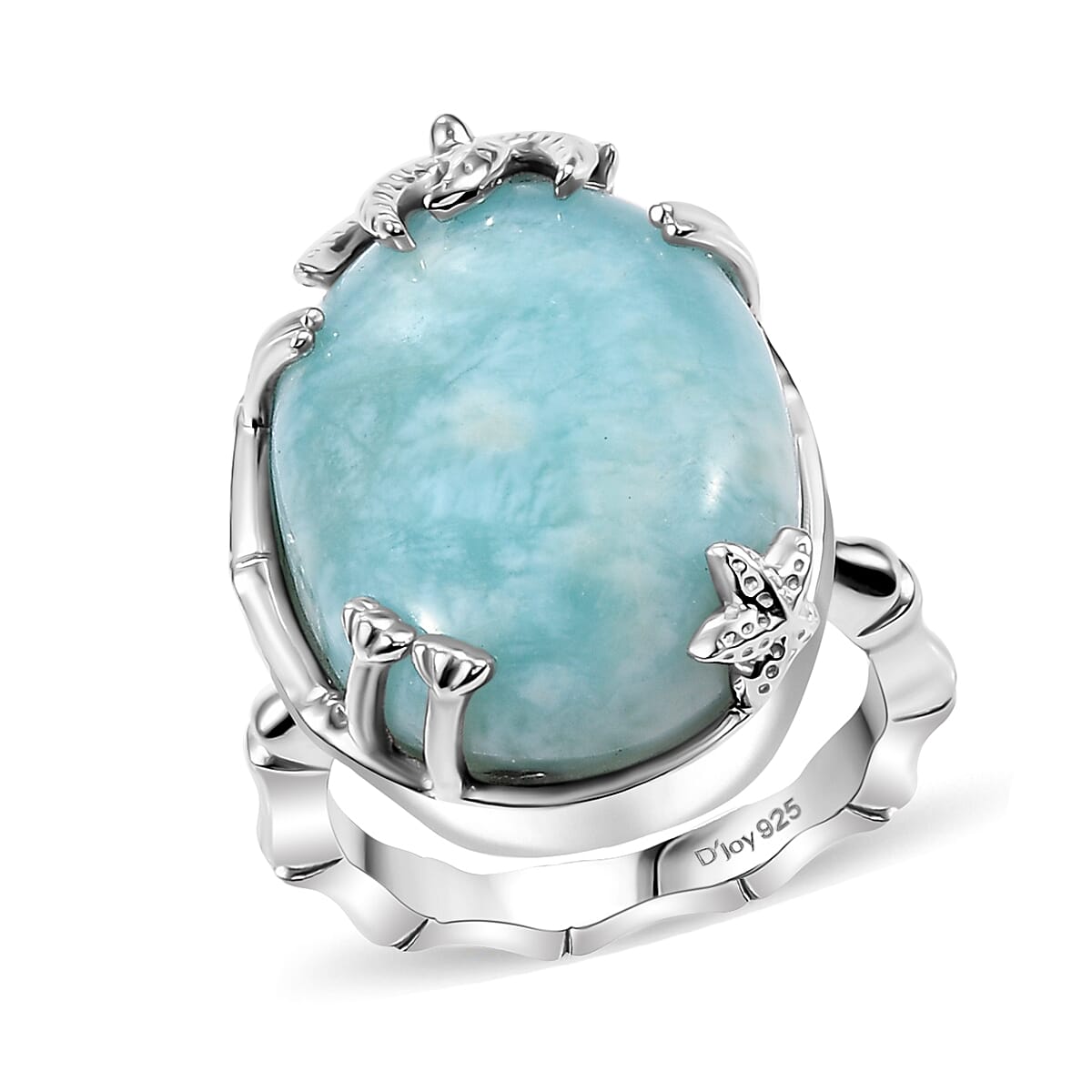 Natural Green Larimar, White Zircon Sunset with Palm Tree Ring in Rhodium Over Sterling Silver (Size 10.0) 18.20 ctw