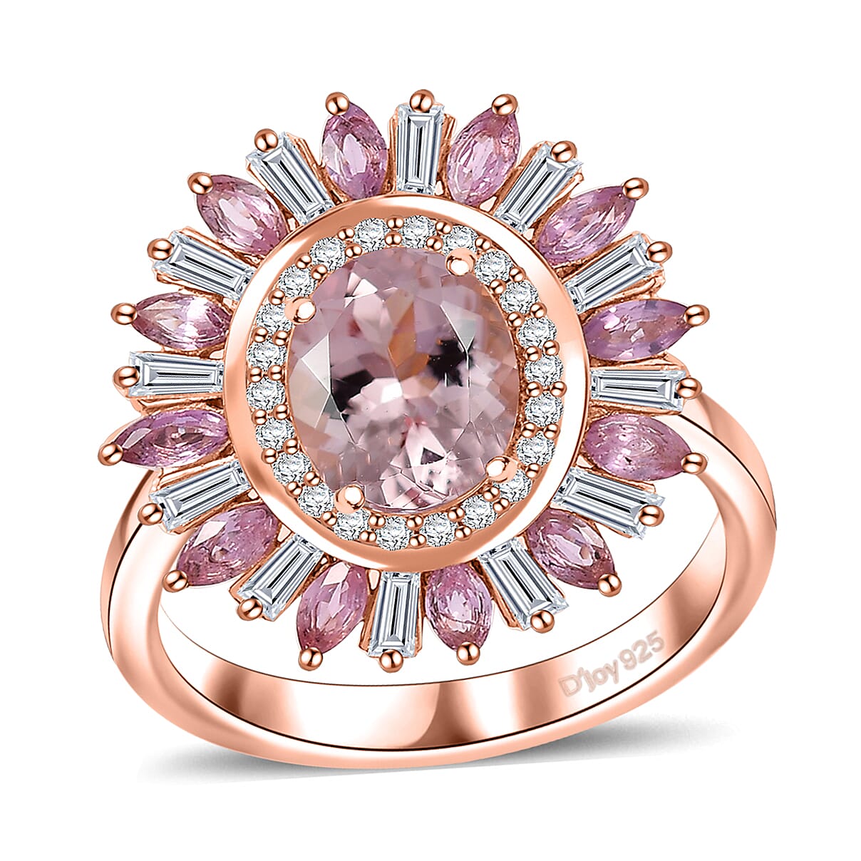 Premium Pink Morganite, Multi Gemstone Floral Ring in 18K Vermeil RG Over Sterling Silver (Size 10.0) 3.50 ctw