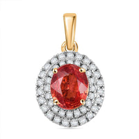 Certified & Appraised Luxoro AAA Padparadscha Sapphire and G-H I2 Diamond 2.05 ctw Double Halo Pendant without Chain in 14K Yellow Gold