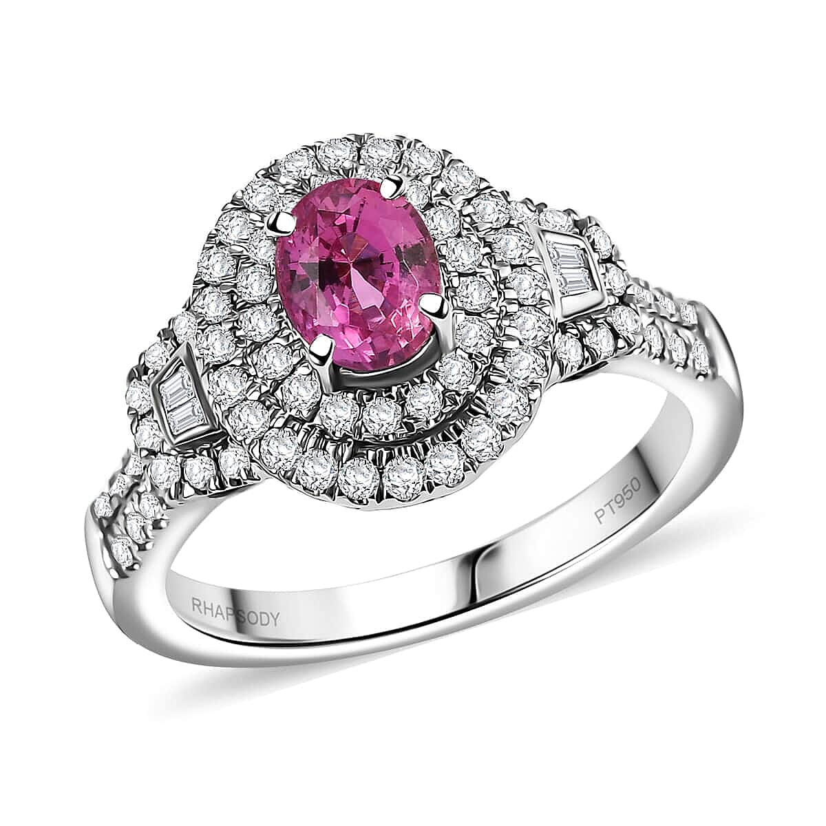 Certified & Appraised Rhapsody 950 Platinum AAAA Padparadscha Sapphire, Diamond (E-F, VS2) (0.62 cts ) Ring (Size 8.0) (7.71 g) 1.76 ctw