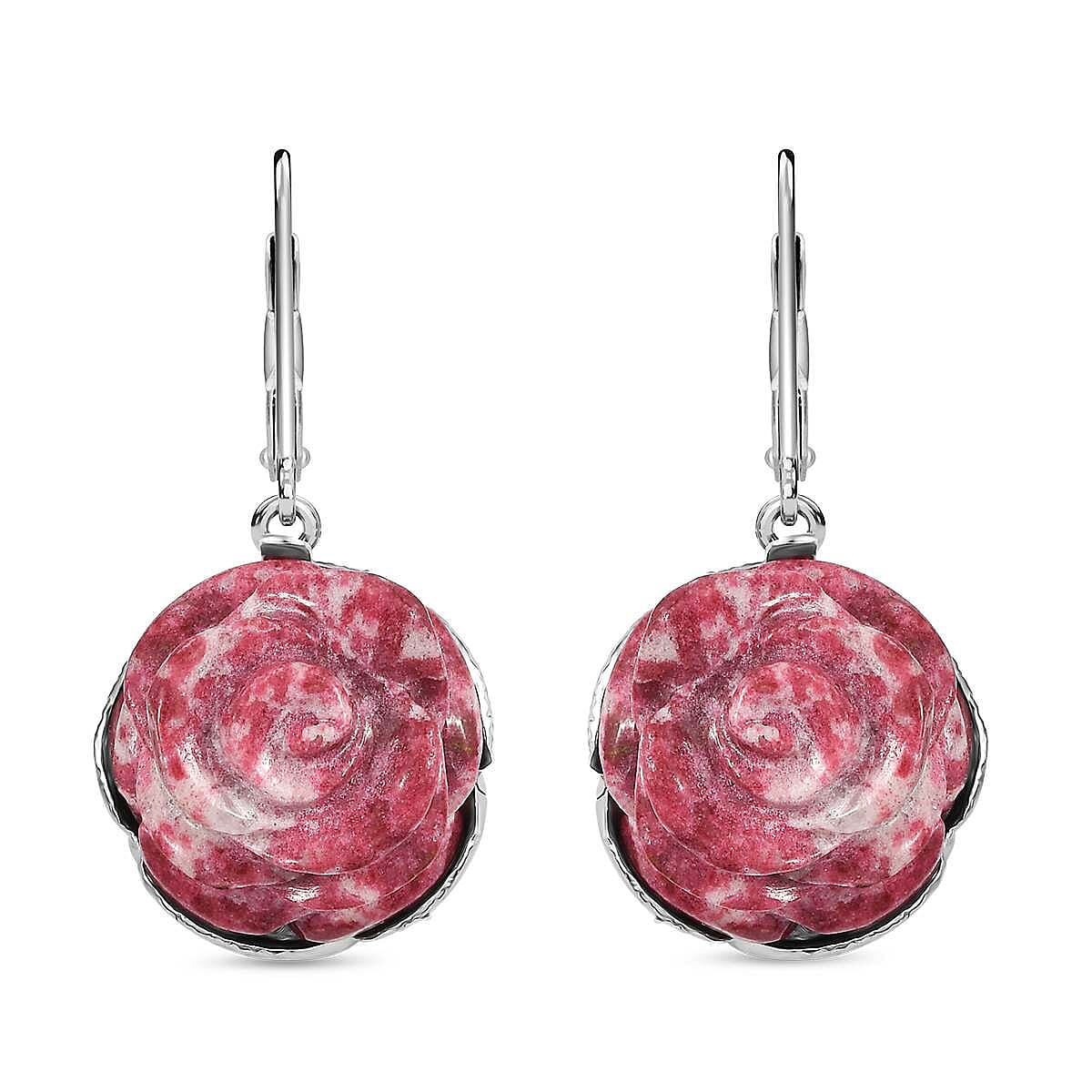 Karis Norwegian Thulite Carved 39.00 ctw Floral Earrings in Platinum Bond