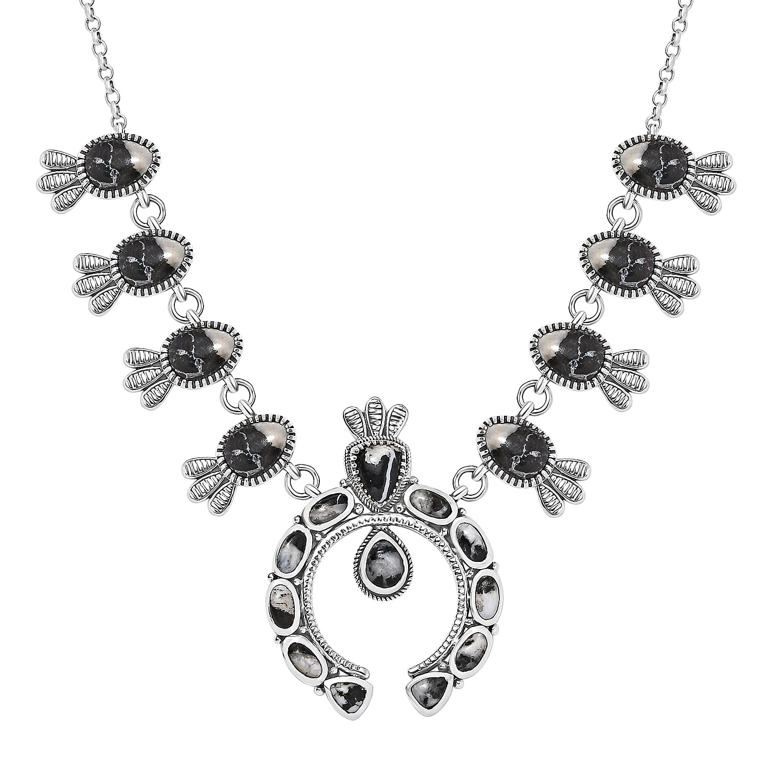 D'Joy Artisan Crafted White Buffalo 21.25 ctw Squash Blossom Necklace in Black Oxidized Sterling Silver 18 Inches