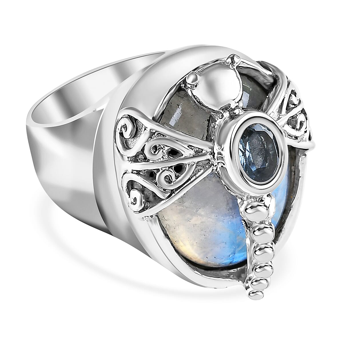 Sajen Silver Rainbow Moonstone, Sky Blue Topaz Ring in Sterling Silver (Size 10.0) 15.90 ctw