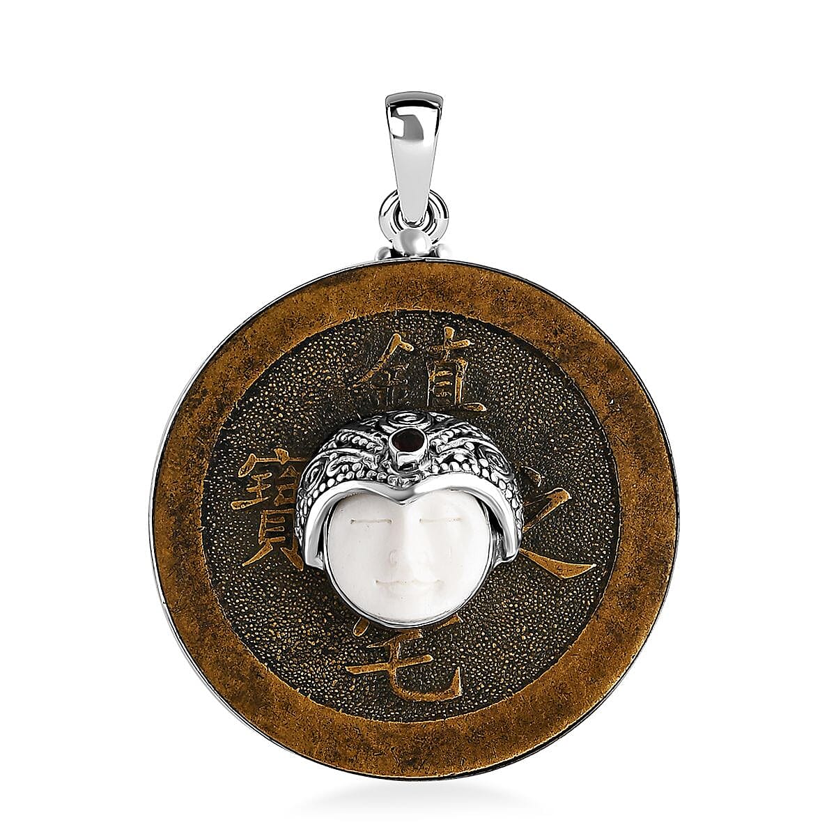 Sajen Silver Carved Bone, Mozambique Garnet 0.15 ctw, Coin Pendant without Chain in Sterling Silver