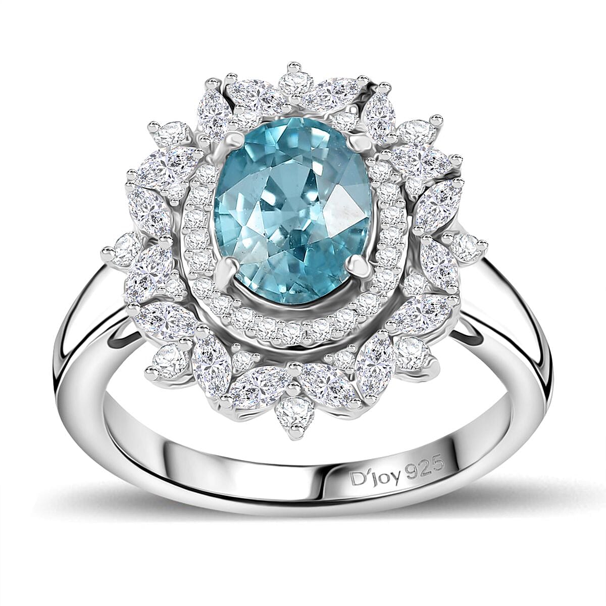 Premium Cambodian Blue Zircon, White Zircon Cluster Ring in Rhodium Over Sterling Silver (Size 7.0) 3.85 ctw