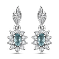 D'Joy Cambodian Blue Zircon and White Zircon 1.50 ctw Sunburst Earrings in Rhodium Over Sterling Silver