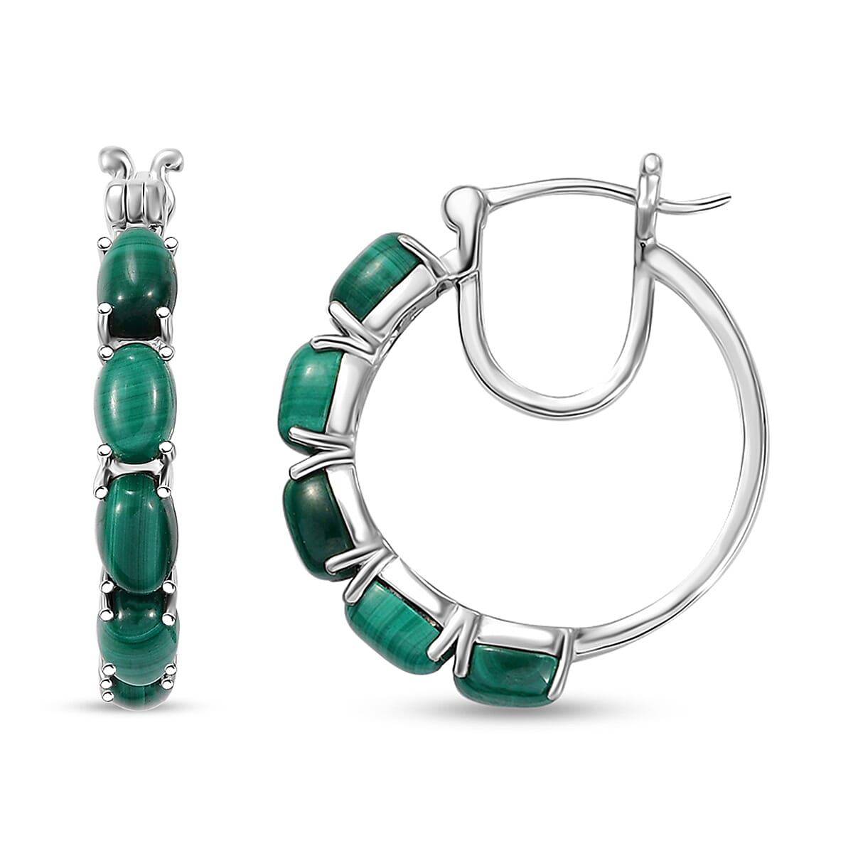 Karis African Malachite 8.20 ctw Hoop Earrings in Platinum Bond