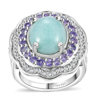 Natural Green Larimar, Multi Gemstone Ocean Bloom Ring in Rhodium Over Sterling Silver (Size 10.0) 7.10 ctw
