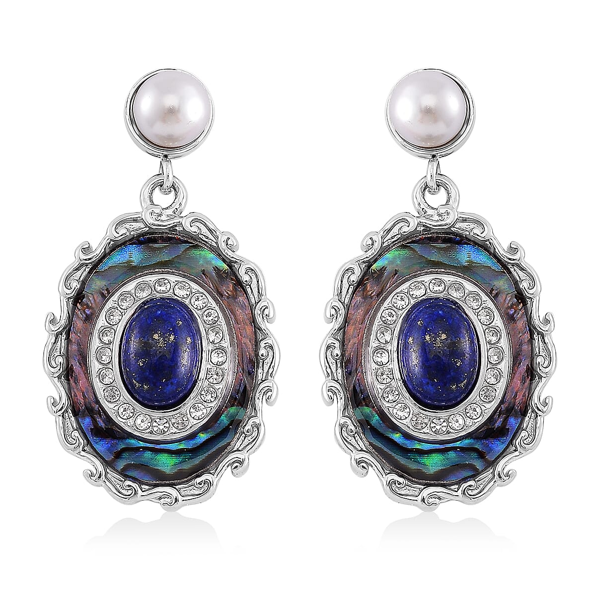 Abalone Shell, Lapis Lazuli and Muti Gemstone Earrings in Stainless Steel 1.40 ctw