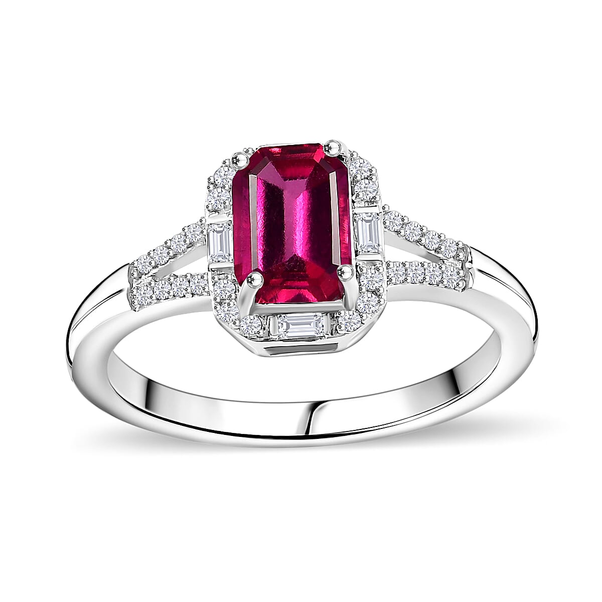 Premium Lab Created Bixbite, Moissanite Ring in Rhodium Over Sterling Silver (Size 10.0) 1.35 ctw