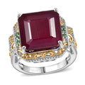 Doorbuster Asscher Cut Premium Niassa Ruby (FF) and Tsavorite Garnet 21.50 ctw Ring in Rhodium Over Sterling Silver - Sticky add to cart bar
