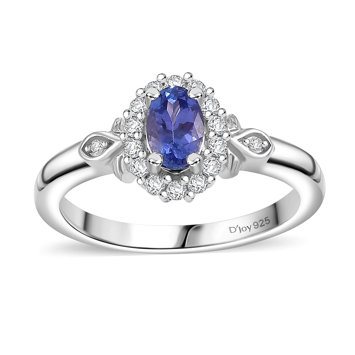 AAA Tanzanite, White Zircon Classic Halo Ring in Rhodium Over Sterling Silver (Size 10.0) 0.80 ctw