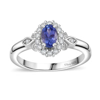 AAA Tanzanite, White Zircon Classic Halo Ring in Rhodium Over Sterling Silver (Size 10.0) 0.80 ctw