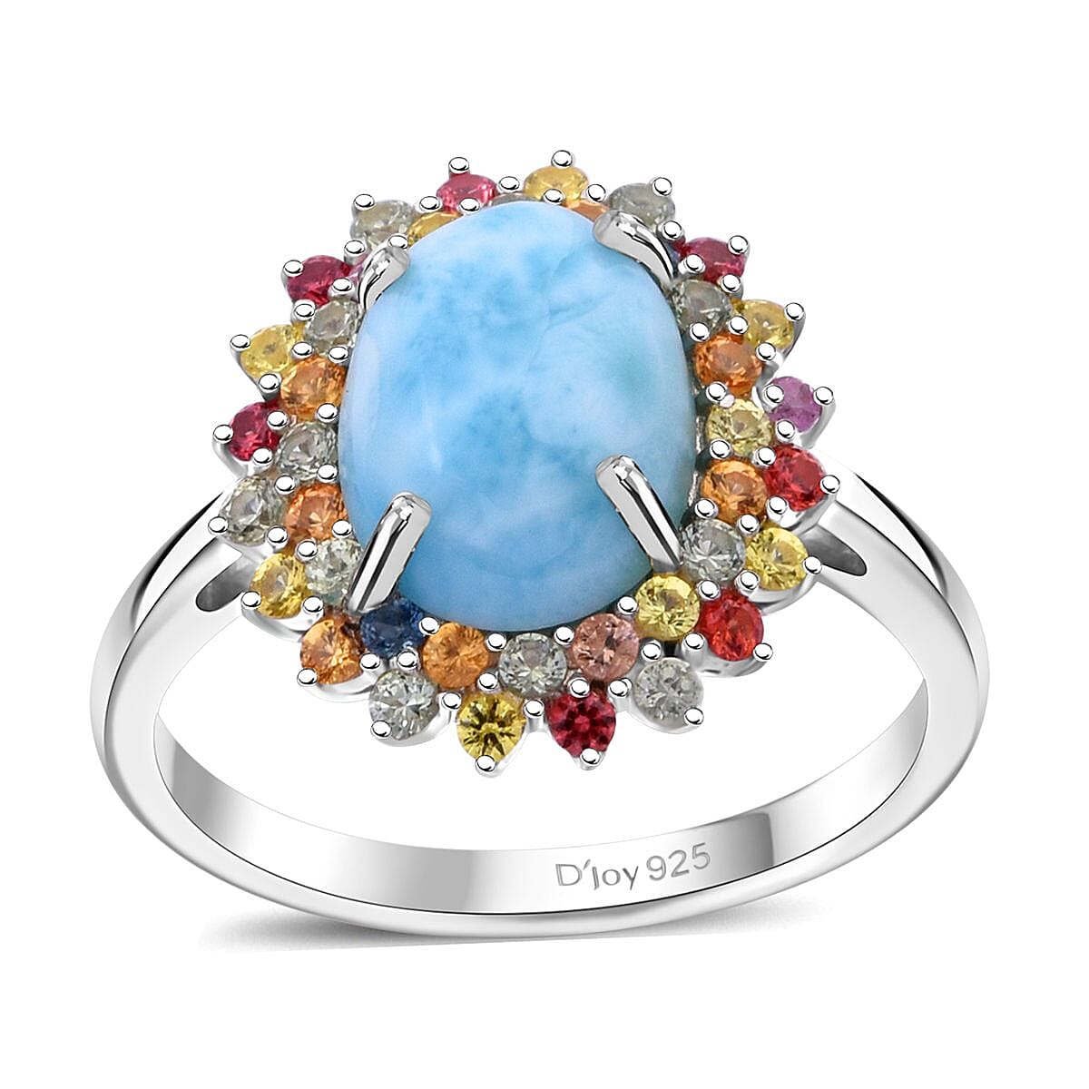 Premium Larimar, Multi Sapphire Florla Ring in Rhodium Over Sterling Silver (Size 10.0) 4.00 ctw