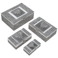 Eagle Embossed Aluminium Oxidized Set of 4 Nesting Storage Box (5"x2.5"x1.25" - 9.5"x6.75"x3.5")