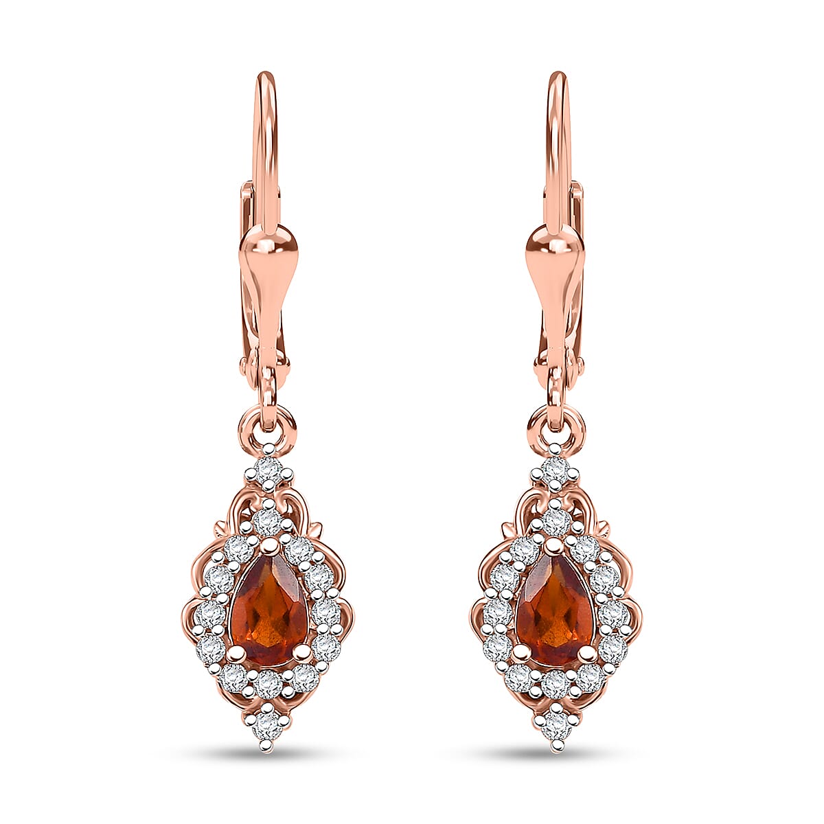 D'Joy Ceylon Hessonite Garnet and White Zircon 1.50 ctw Dangling Earrings in 18K Vermeil Rose Gold Over Sterling Silver