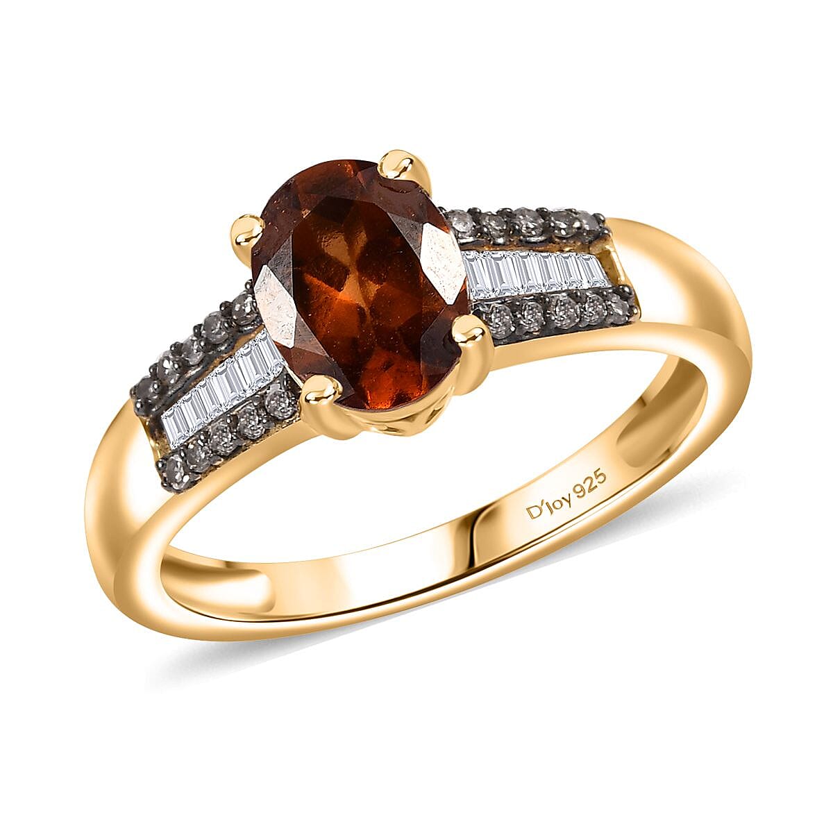 Ceylon Hessonite Garnet, Natural Champagne and White Diamond 1.40 ctw Bridge Ring in 18K Vermeil Yellow Gold Over Sterling Silver (Size 10.0)