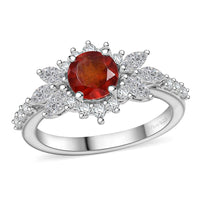 Premium Tanzanian Sunlit Garnet, White Zircon Floral Ring in Rhodium Over Sterling Silver (Size 10.0) 2.15 ctw