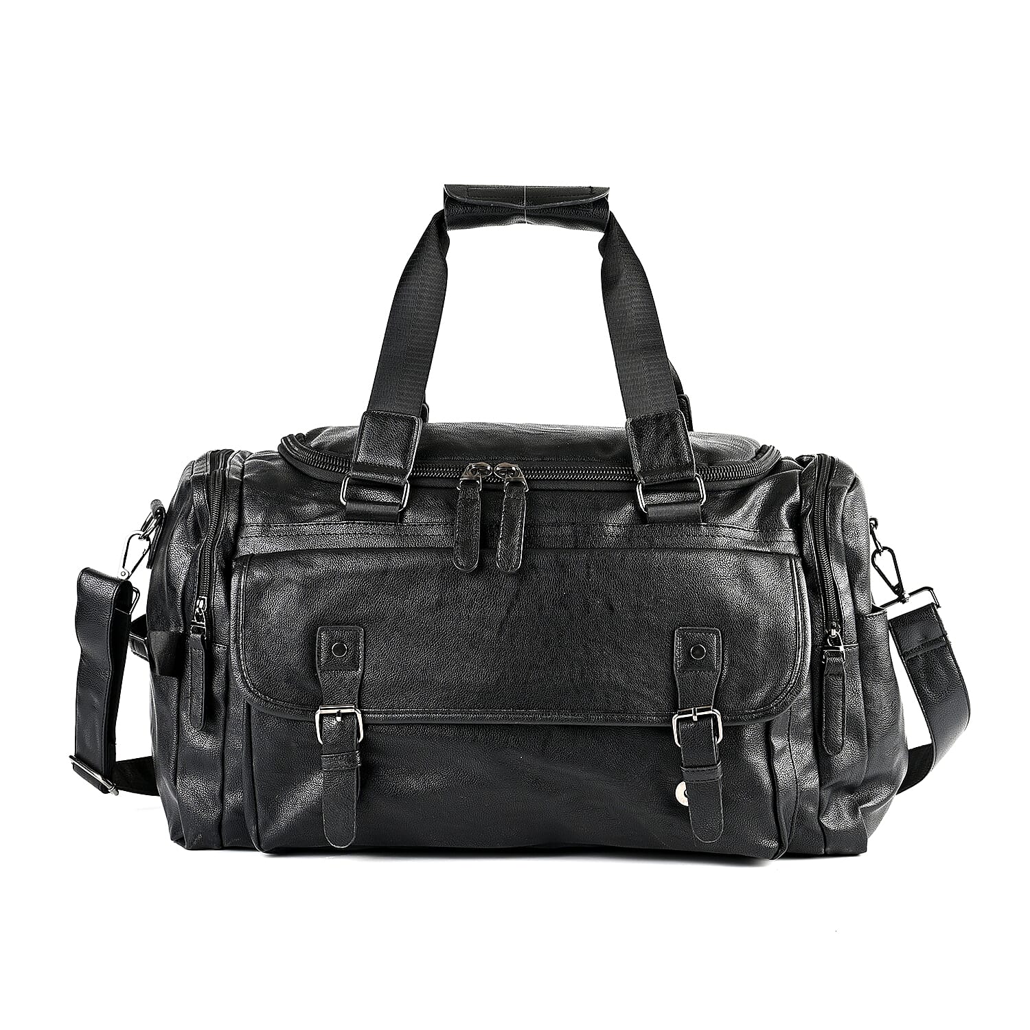 Black Multi Pocket Faux Leather Duffel Bag with Shoulder Strap 47 Inches