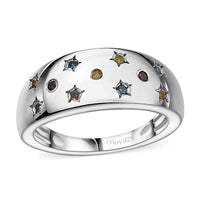 Blue, Yellow and Red Diamond (IR) Celestial Ring in Rhodium Over Sterling Silver (Size 10.0) 0.15 ctw