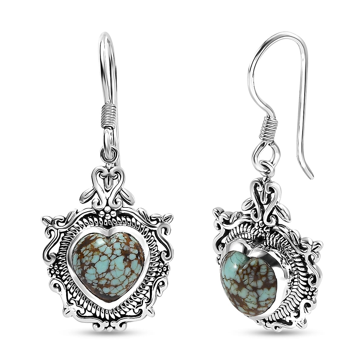 D'Joy Artisan Crafted Blue Horizon Turquoise 4.30 ctw Heart Earrings in Black Oxidized Sterling Silver