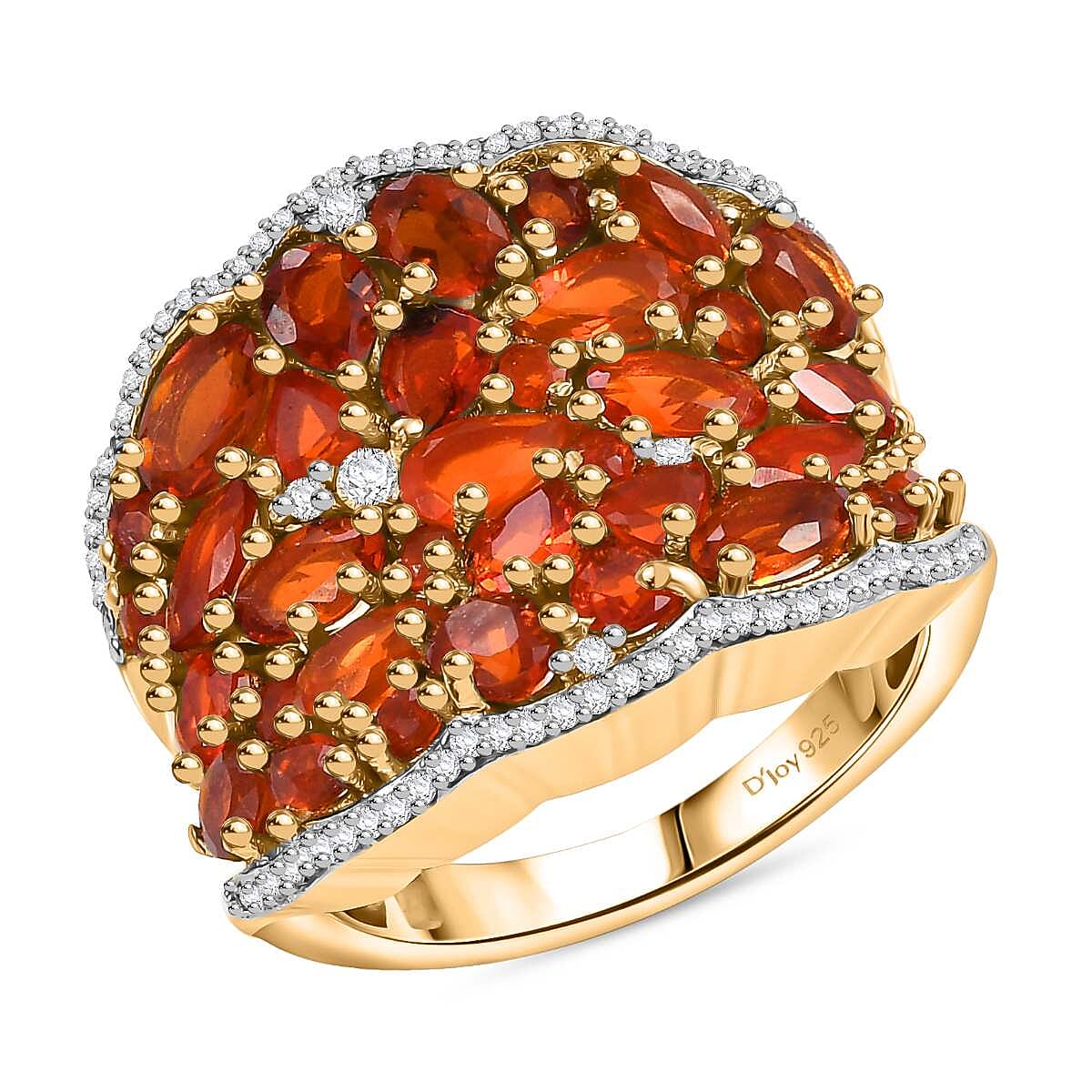Crimson Fire Opal and White Zircon 3.30 ctw Radiant Ember Cluster Ring in 18K Vermeil Yellow Gold Over Sterling Silver