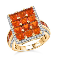AAA Buriti Fire Opal and Moissanite 4.10 ctw Art Deco Ring in 18K Vermeil Yellow Gold Over Sterling Silver (Size 6.0) (Del. In 10-12 Days)