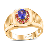 Premium Tanzanite and Padparadscha Sapphire (BT) 1.15 ctw Men's Ring in 18K Vermeil Yellow Gold Over Sterling Silver
